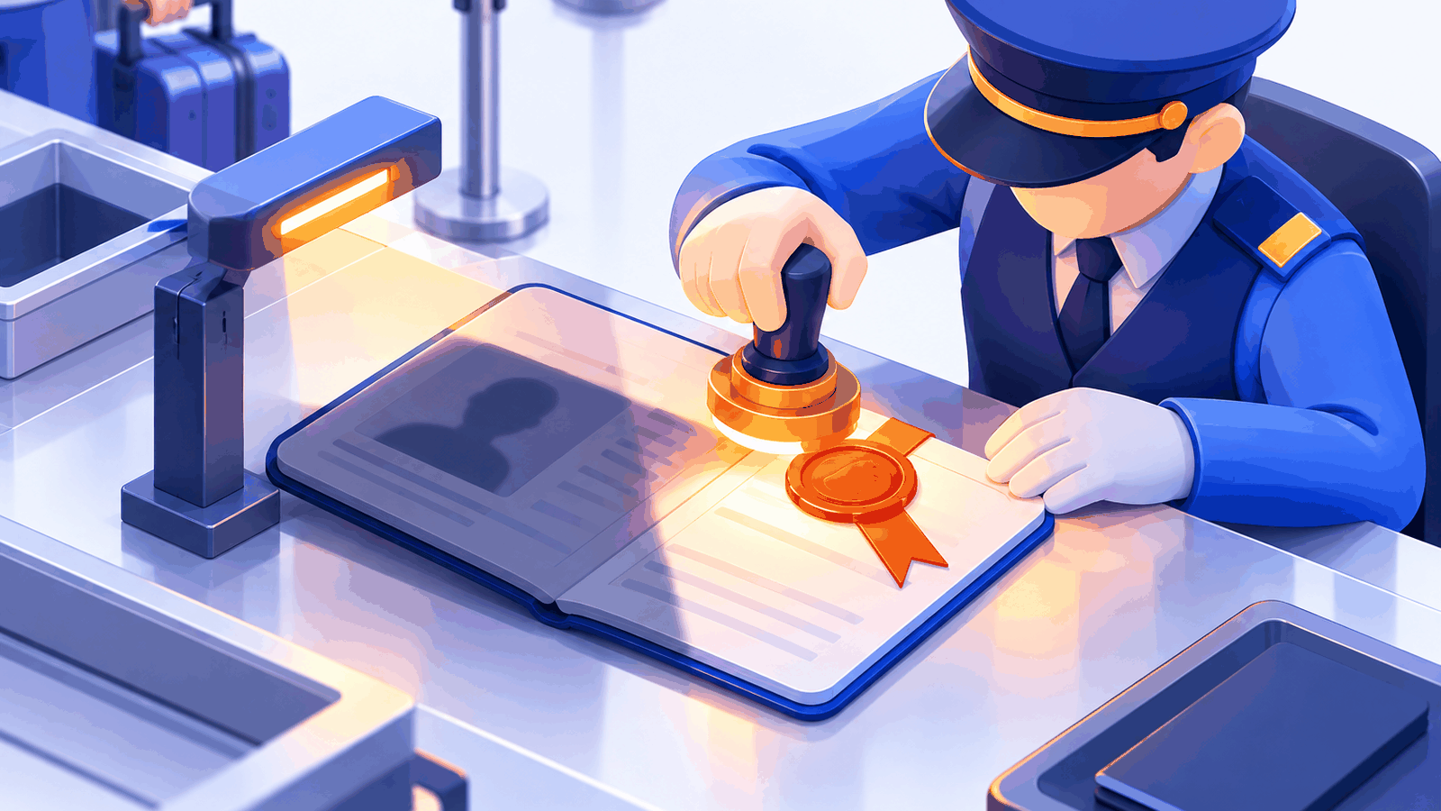 An inspector stamping a document as unaltered while the identity printed on the page sits in shadow, unread