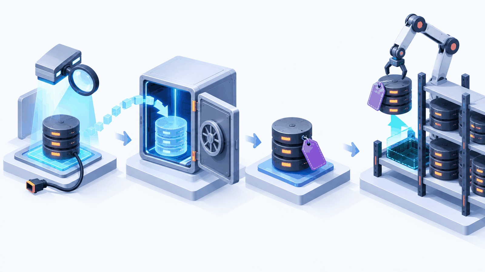 A cleanup flow that checks an unused volume against a snapshot archive, labels it, then removes it from the rack