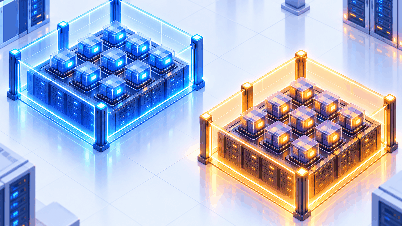 Two groups of application environments running on two separate shared node platforms, each fenced inside its own network boundary with no route between them