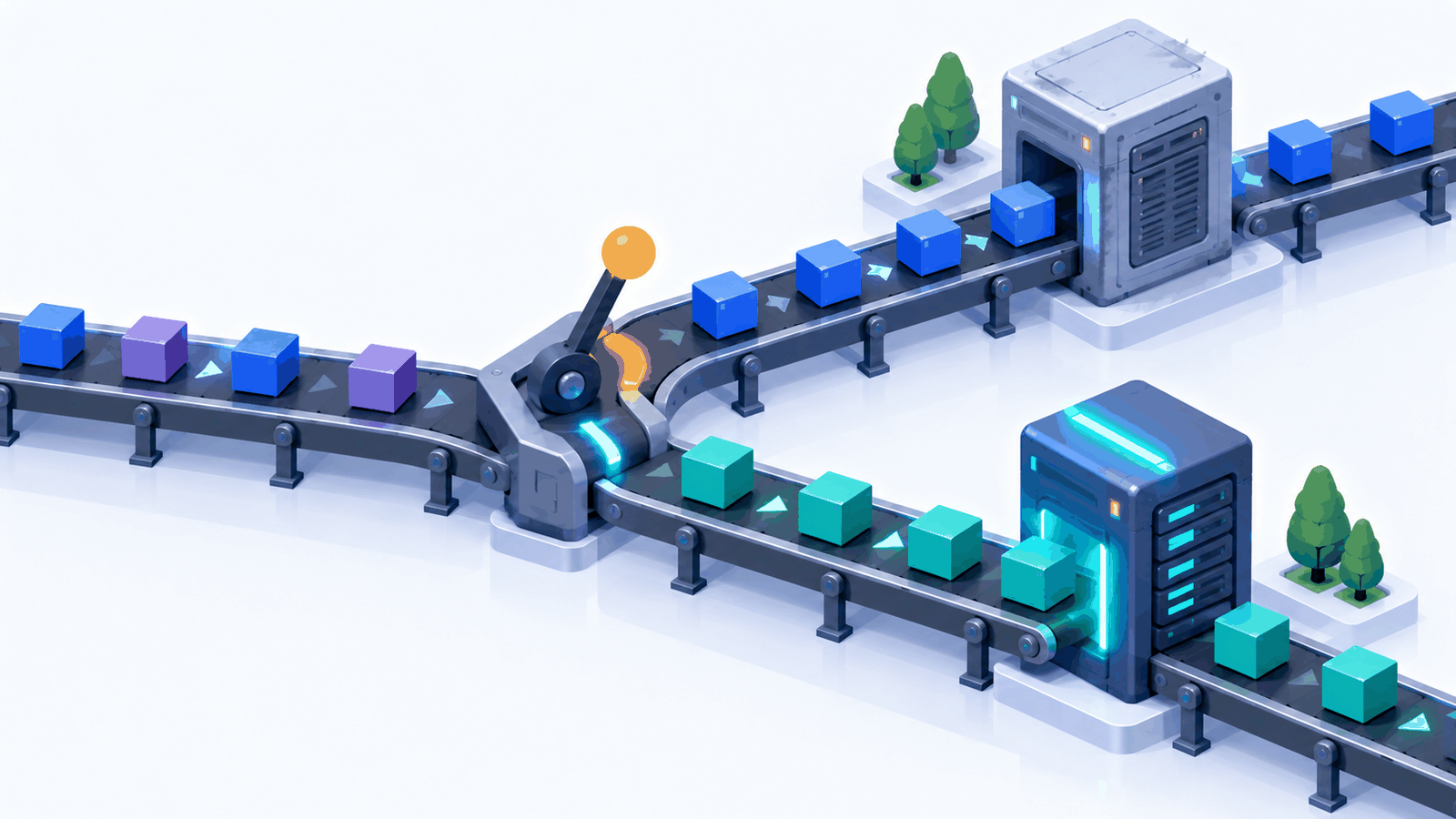 A CI pipeline splitting into an older and a newer runner image lane, with a switch choosing the lane