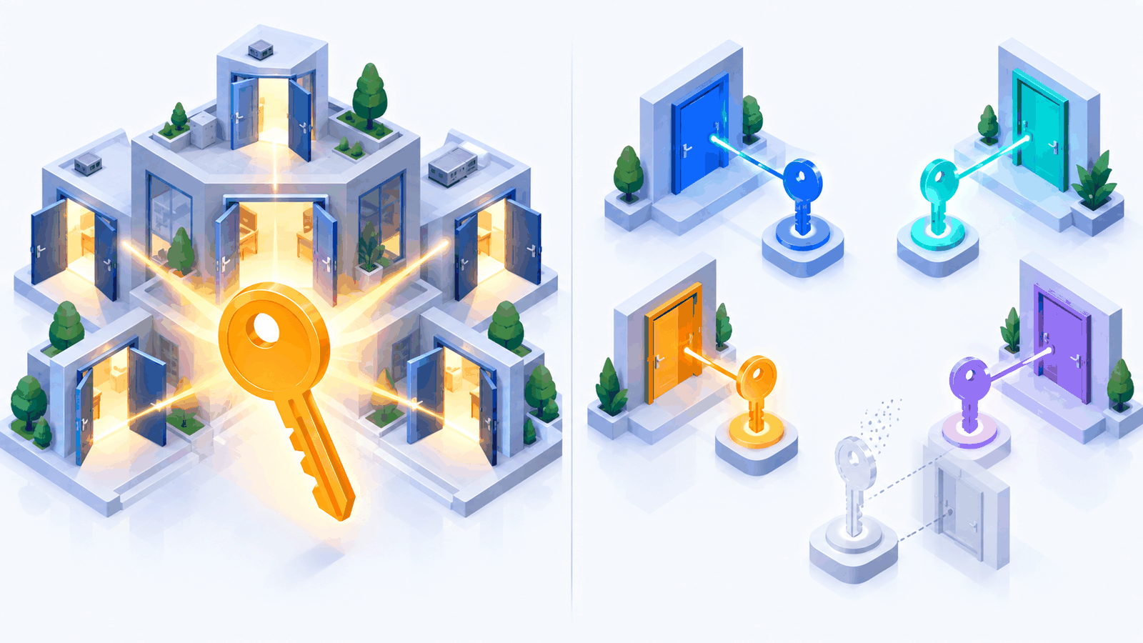 One master key that opens every door compared with scoped, colour-coded keys that each open one door and expire