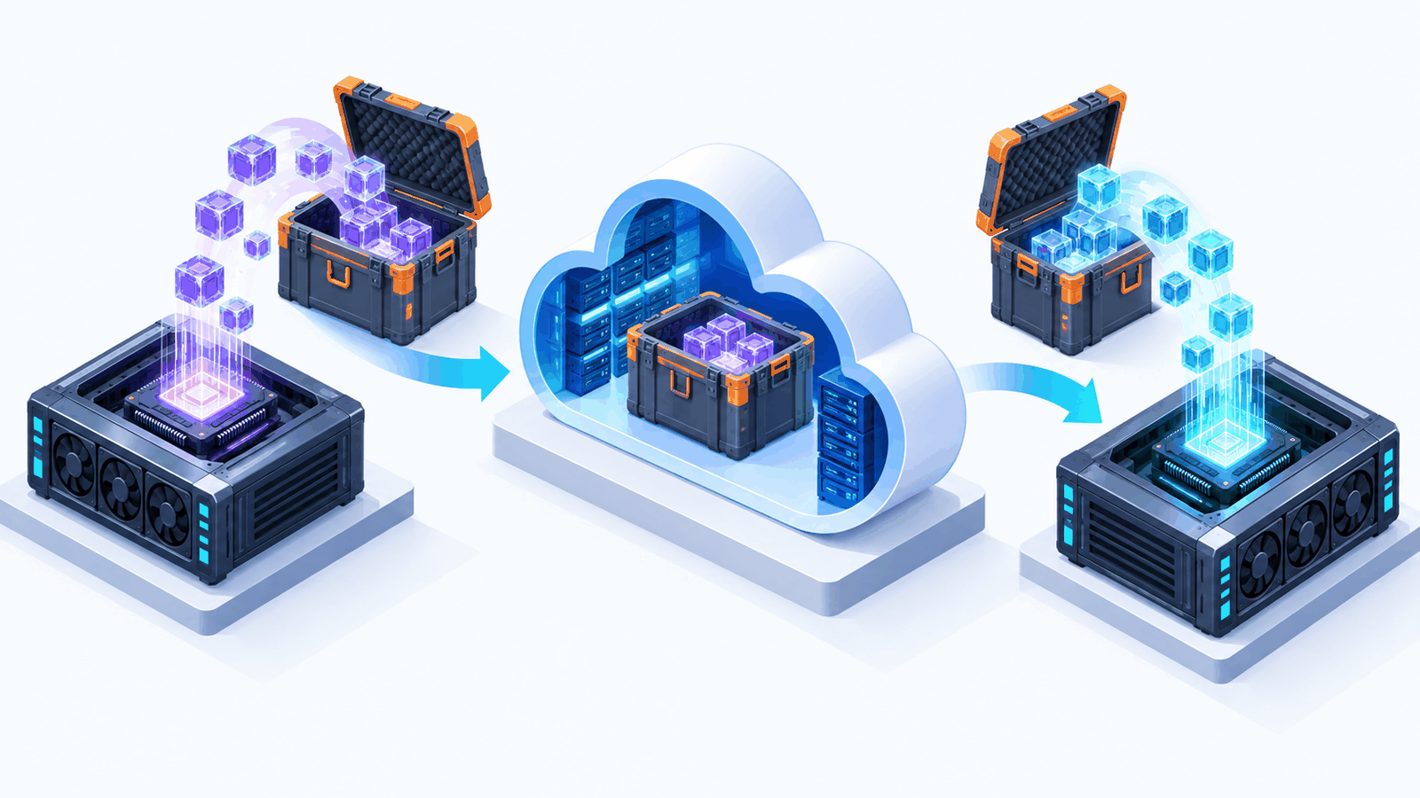 GPU memory copied out into a sealed crate in object storage, then restored into a fresh identical GPU server