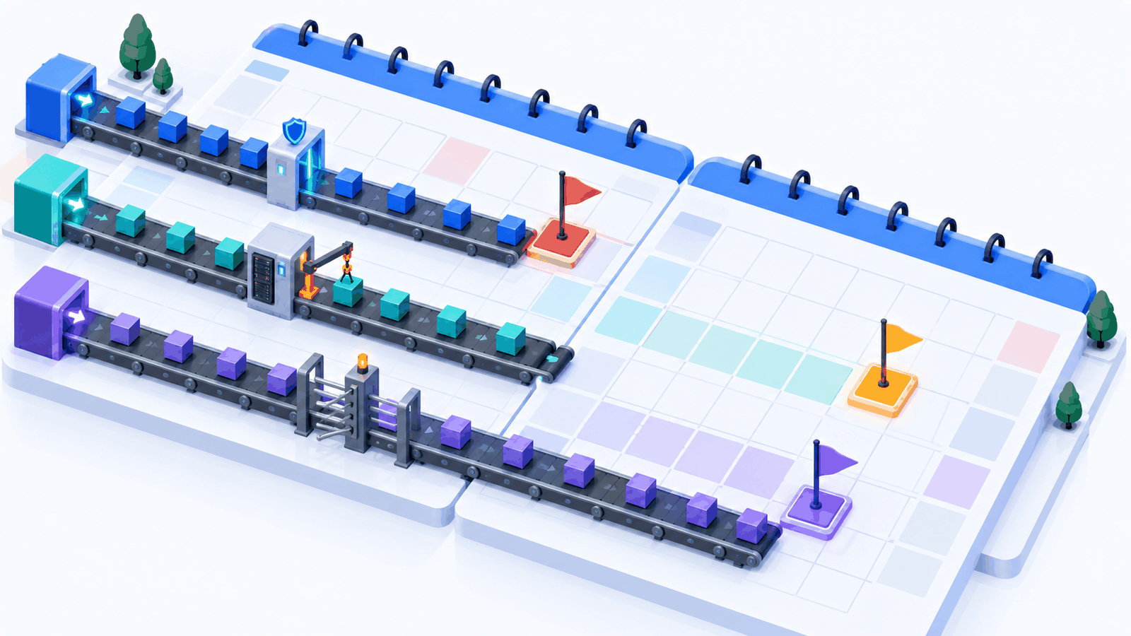 Three CI pipelines heading toward deadline flags on an October–November calendar