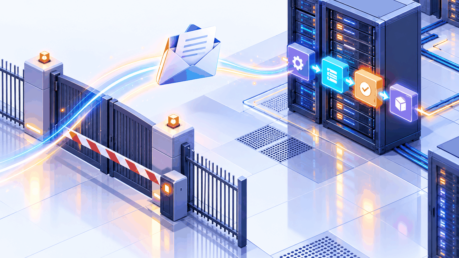 An email carrying a patch sailing past a closed perimeter gate and a lowered barrier into a server rack where a pipeline has started running