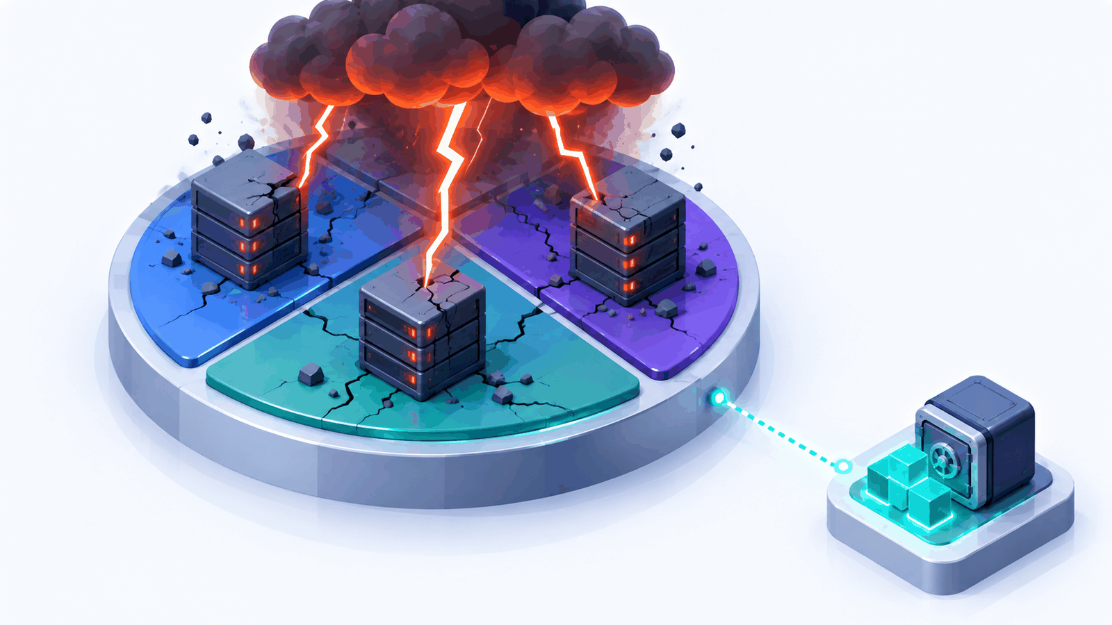 Three availability-zone buildings inside one region all damaged at once, while a distant second region keeps a live copy of the data