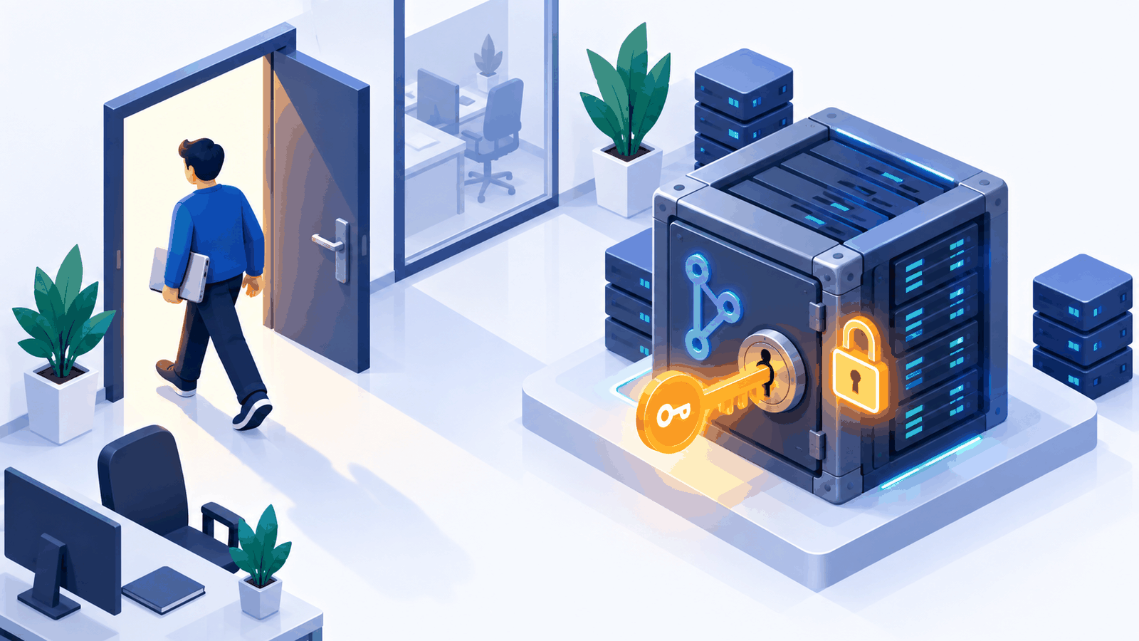 A departing employee leaves with a laptop while a still-valid access token stays plugged into the code repository