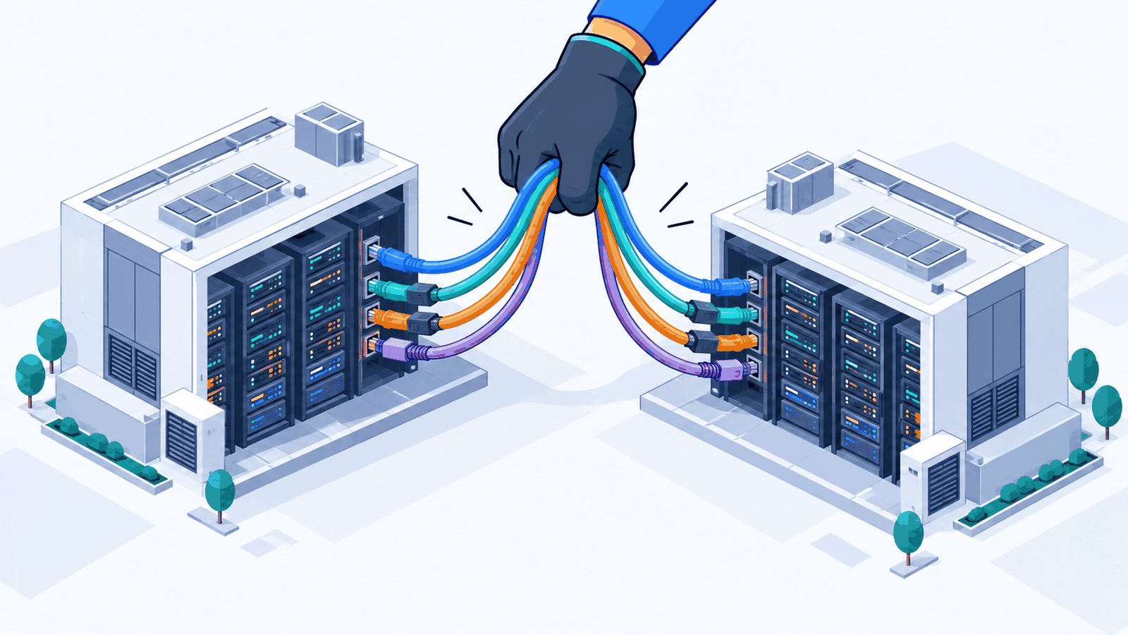 Two data-center halls linked by fiber bundles, with cables to both halls disconnected at the same time