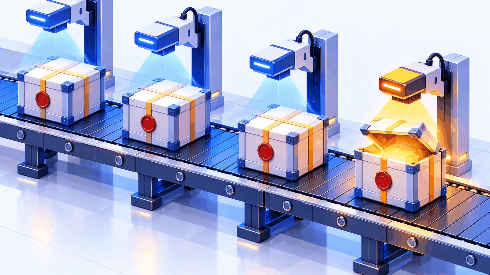 Sealed crates passing scanners on a conveyor, staying shut for every scan except one specific reader that makes a single crate spring open