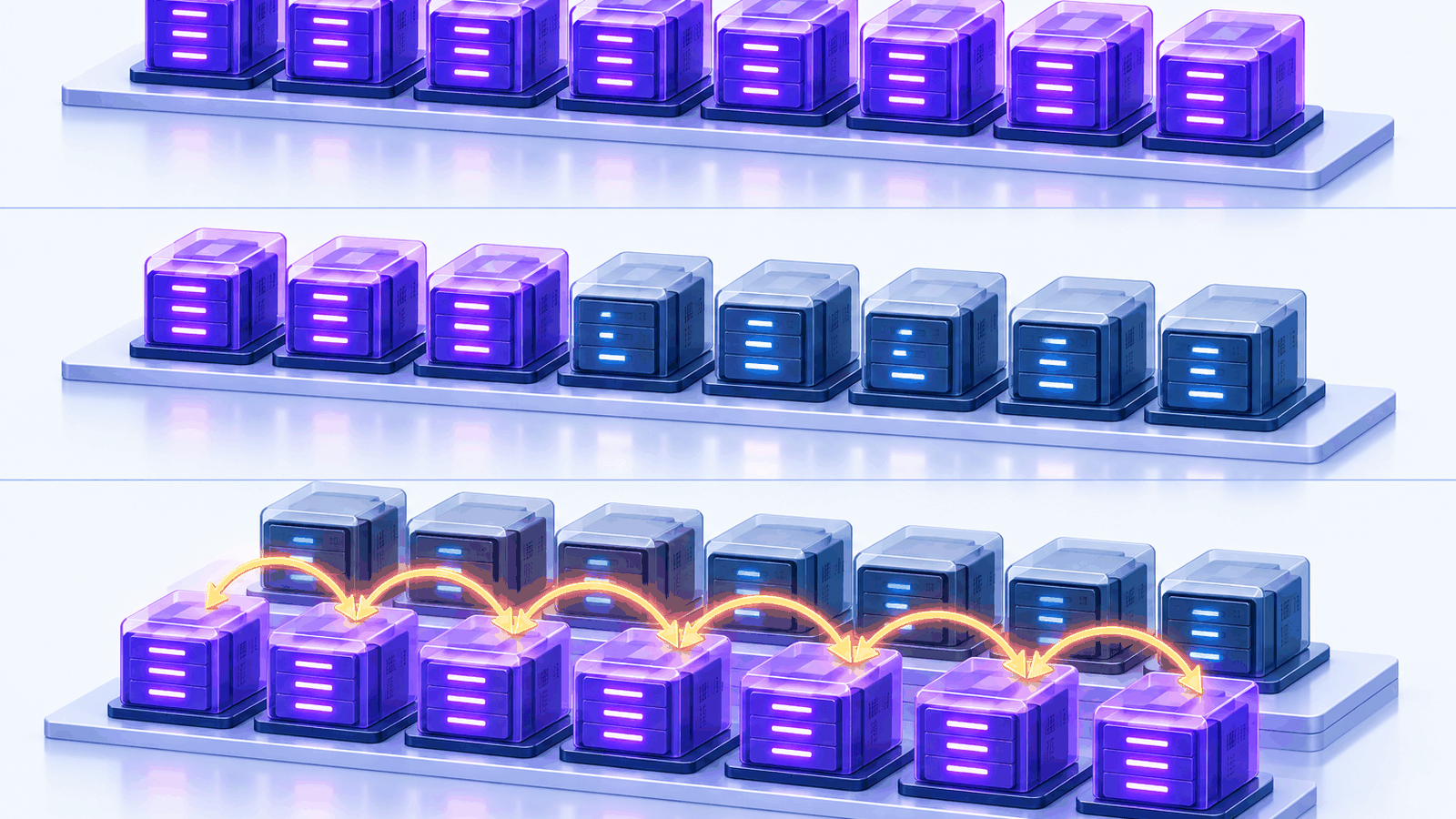 Three rows of servers showing an all at once rollout, a rolling rollout part way through, and a complete second row built before traffic moves across