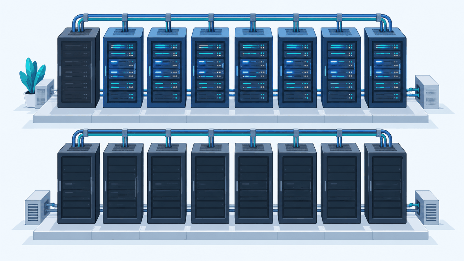 Top row: a staged change takes down only the first rack. Bottom row: an unstaged change takes down every rack